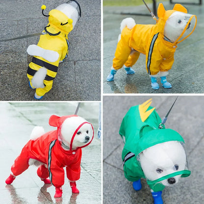 Raincoat worn by dog in 4 styles:  Bumble Bee, Yellow, Red, and Dinosaur 