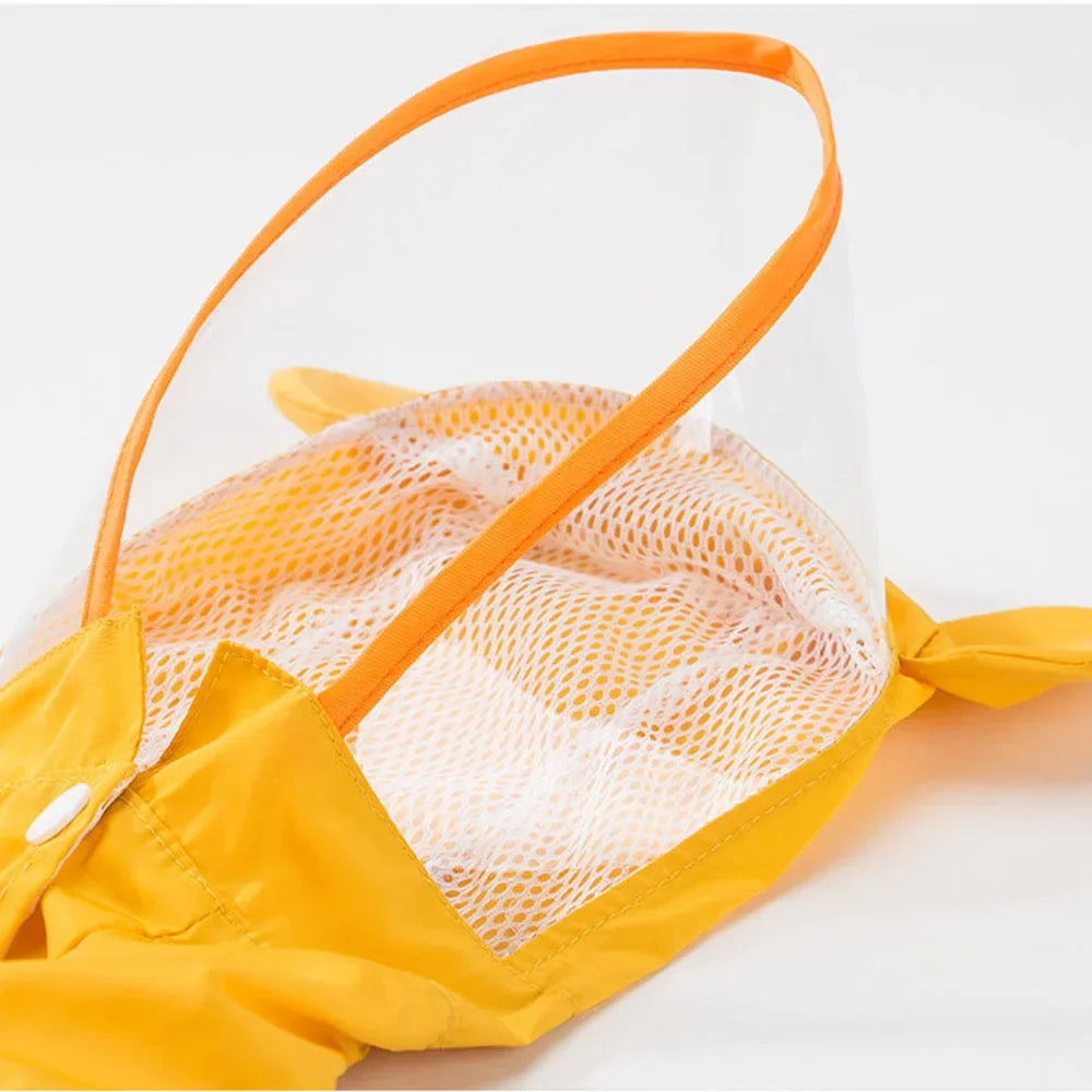 See through face visor material  on yellow dog raincoat 