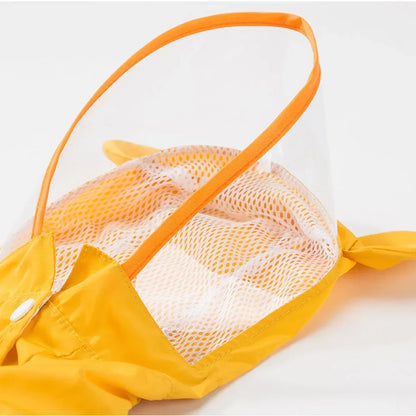 See through face visor material  on yellow dog raincoat 